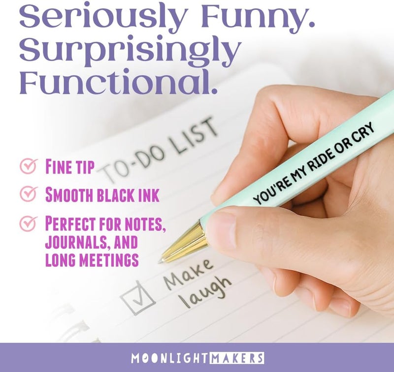 Moonlight Makers - Set of 5 Ballpoint Pens Black Ink - Engraved Funny Pens for Adults - Love You Bestie Appreciation Adult Gifts - Ideal Desk Decor for Work & Office Desk - Cute Packaging, Handy Clips - Image 2
